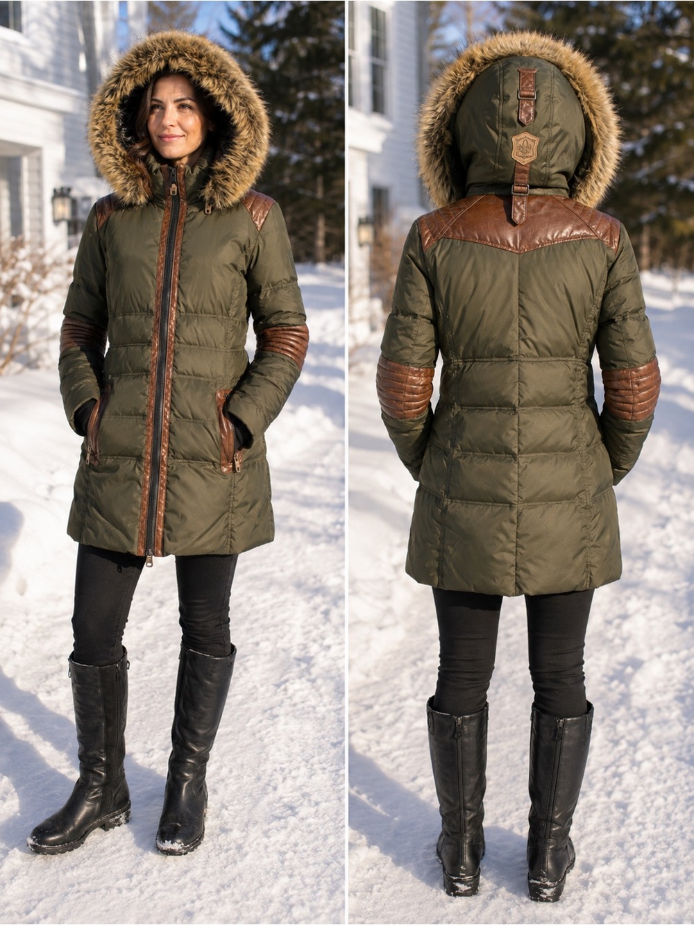 Nicole Benisti Olive Green Down Puffer Coat Brown Leather Faux Fur Hood Size L